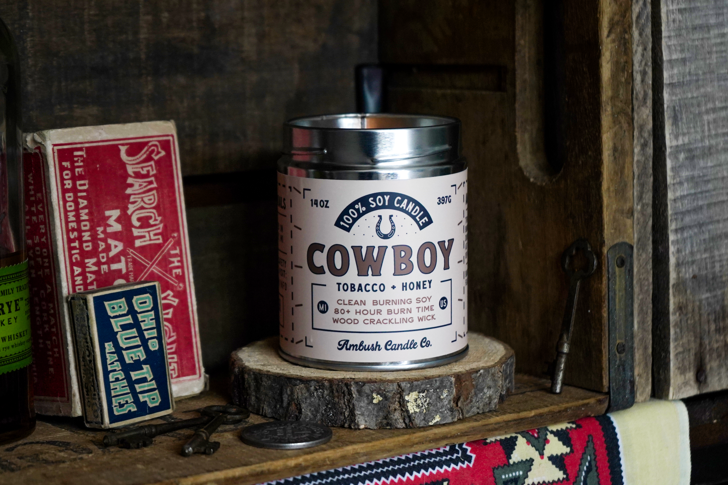 Ambush Candle Co. - Wholesale Jar/Filled Candle - Cowboy | Tobacco + Honey 14oz Soy Candle3