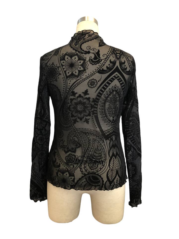 Black Paisley Velvet Print Mesh Top for wholesale on Faire5