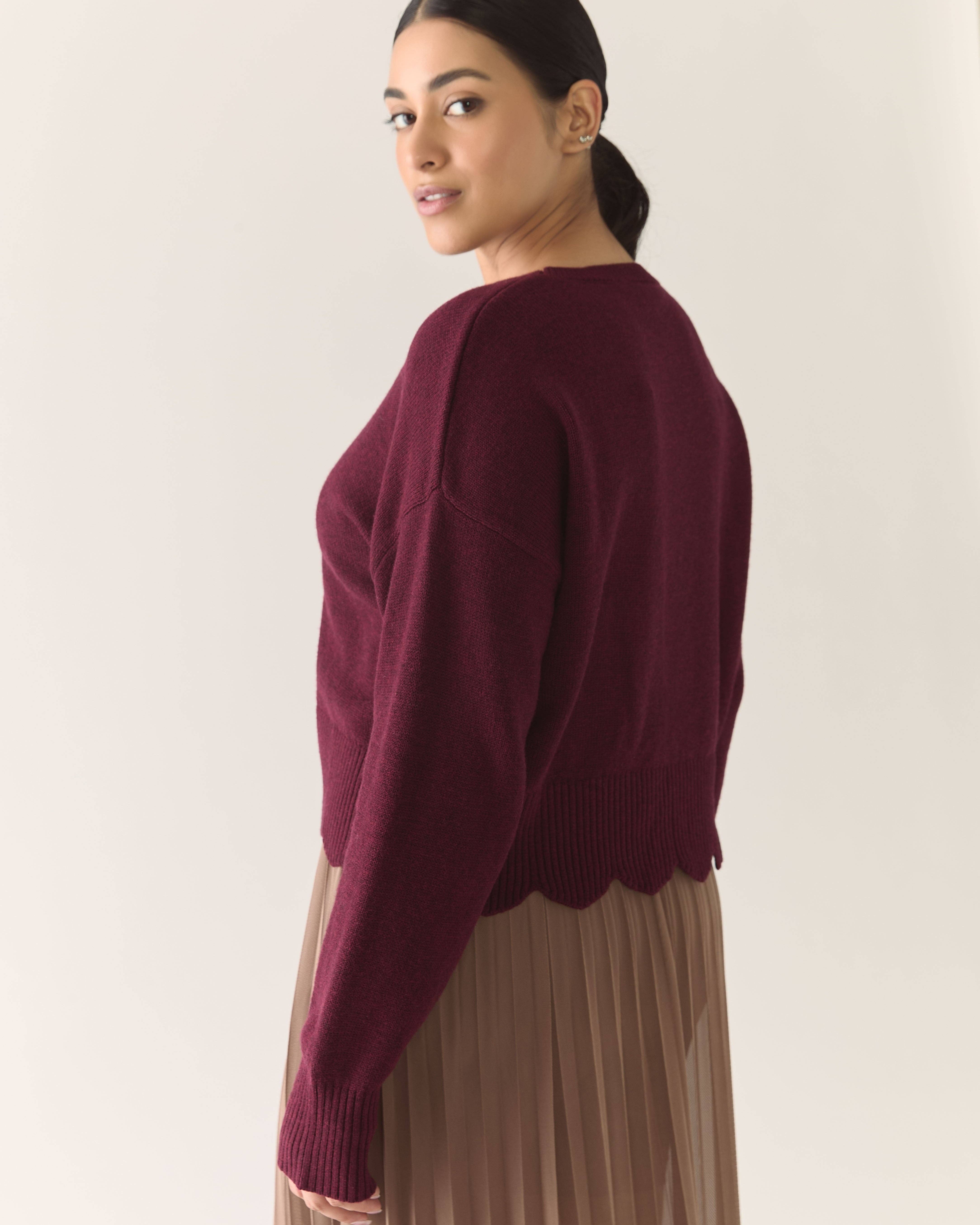 Rachel - Wholesale Knit Sweater - Women's - Scalloped Edge Pullover Responsible Merino in Zinfandel2
