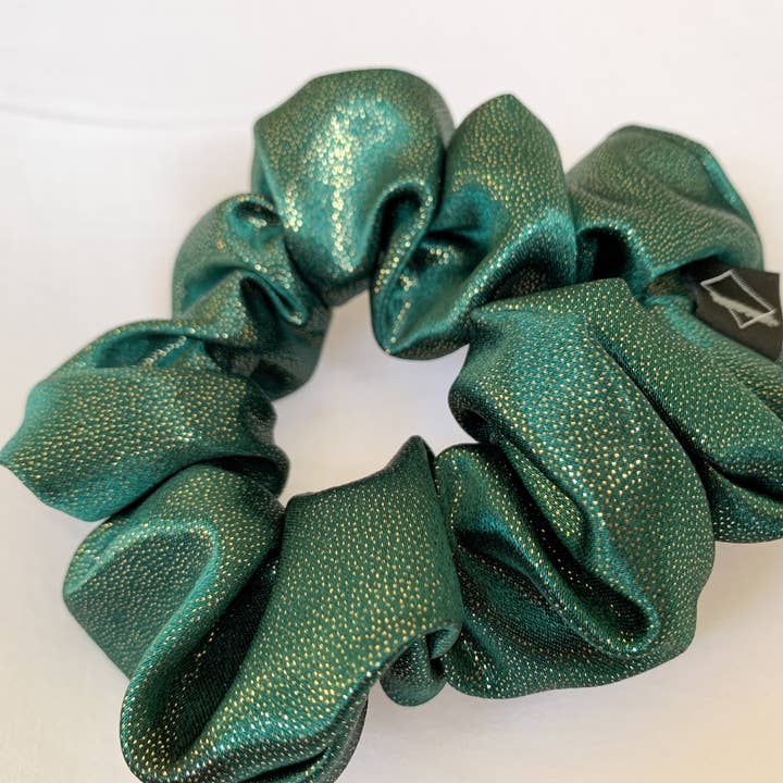 Green Satin Scrunchie with Gold Sparkles for wholesale by Steel Silk LLC