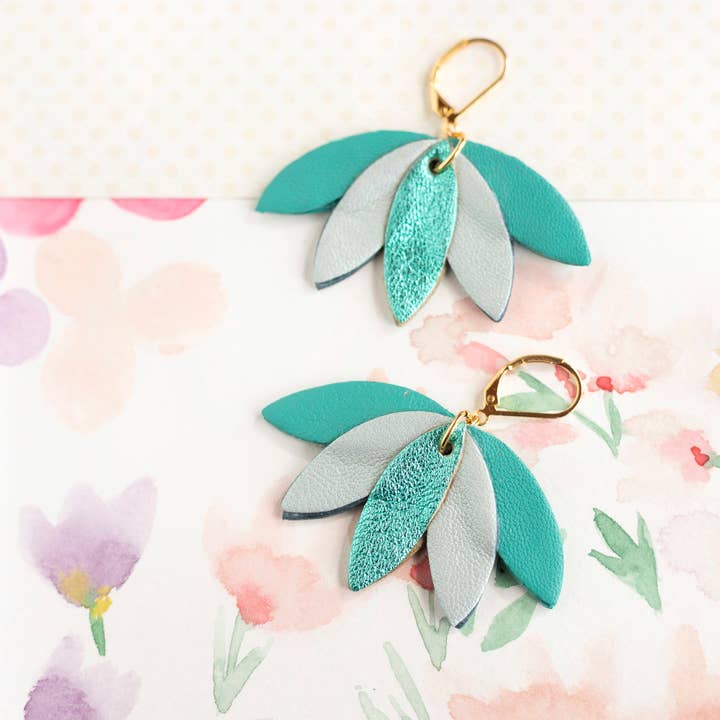 Palm Earrings – Blue Opal Turquoise Leather for wholesale by Chenoha Studio