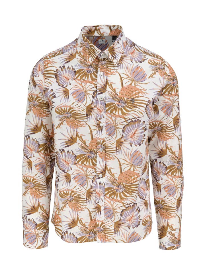 Chemise homme blanche, en tissu coton, imprimé feuilles pour la vente par J&JOY