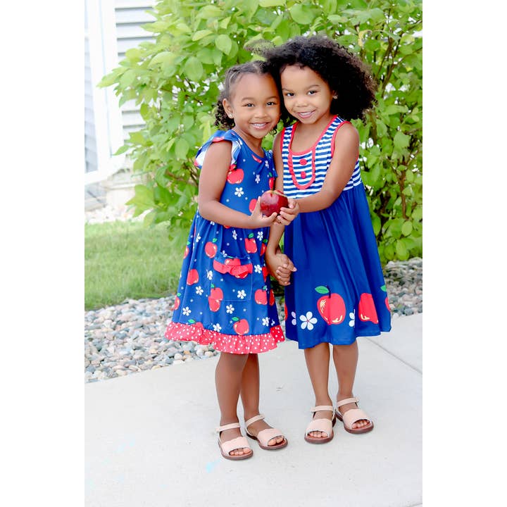 Millie Loves Lily - Wholesale Dress - Kids - Navy Vintage Apple Border Button-Accent Dress