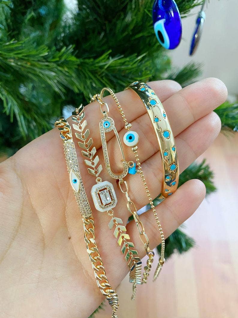 Evileyefavor - Vendita all'ingrosso Parure di gioielli - Braccialetto Occhio diabolico bianco, set gioielli occhio diabolico dorati, stile greco3