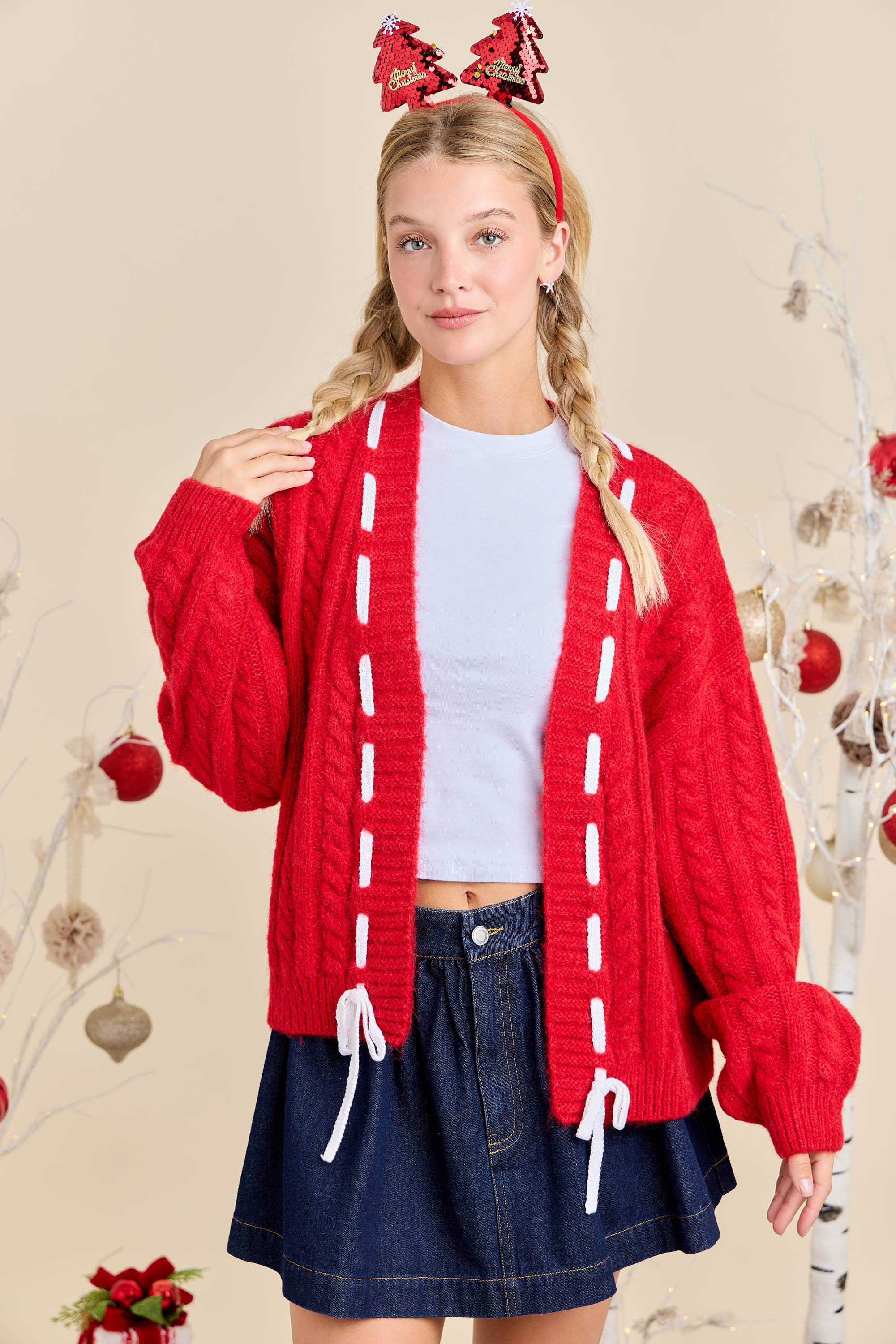Main Strip - Vente Cardigan – femme - Cardigan en maille torsadée avec ruban de fête – Prêt à expédier en superposition12