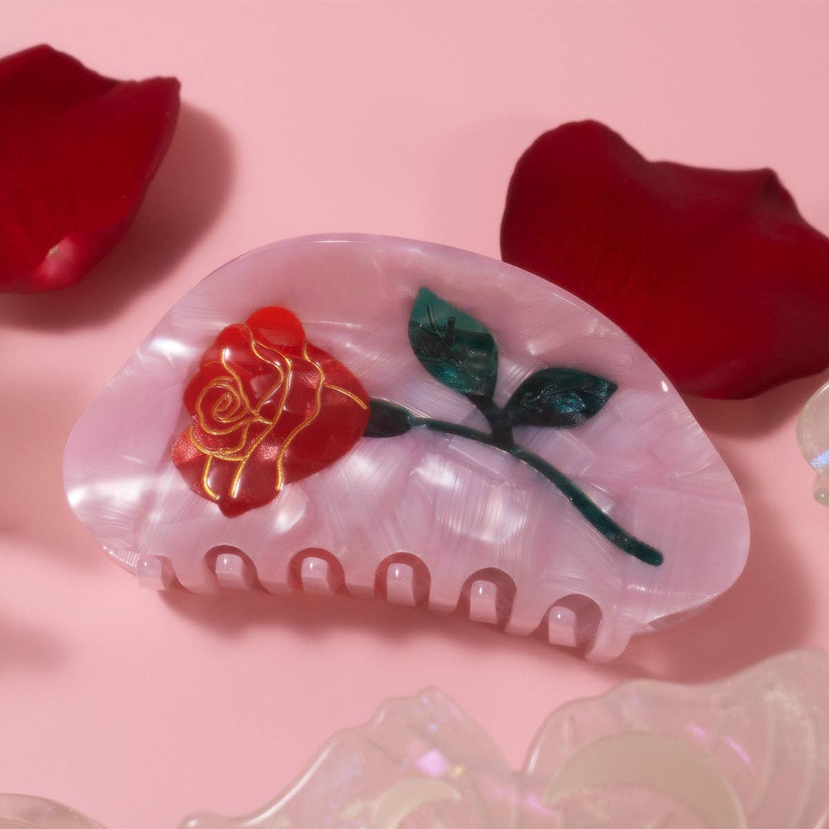 WINONA IRENE - Wholesale Hair Clip - Women's - Women's Belle Pink Single Red Rose Acetate Hair Claw 5