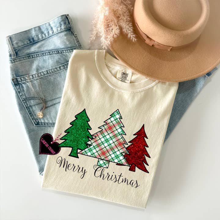 Plaid Merry Christmas trees- Graphic Tee  for wholesale by Lauras Closet
