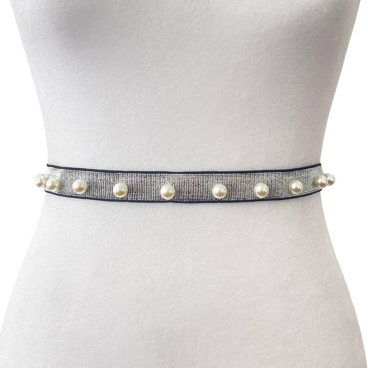 Black Metallic Elastic Belt with Pearls for wholesale by Melissa Velia