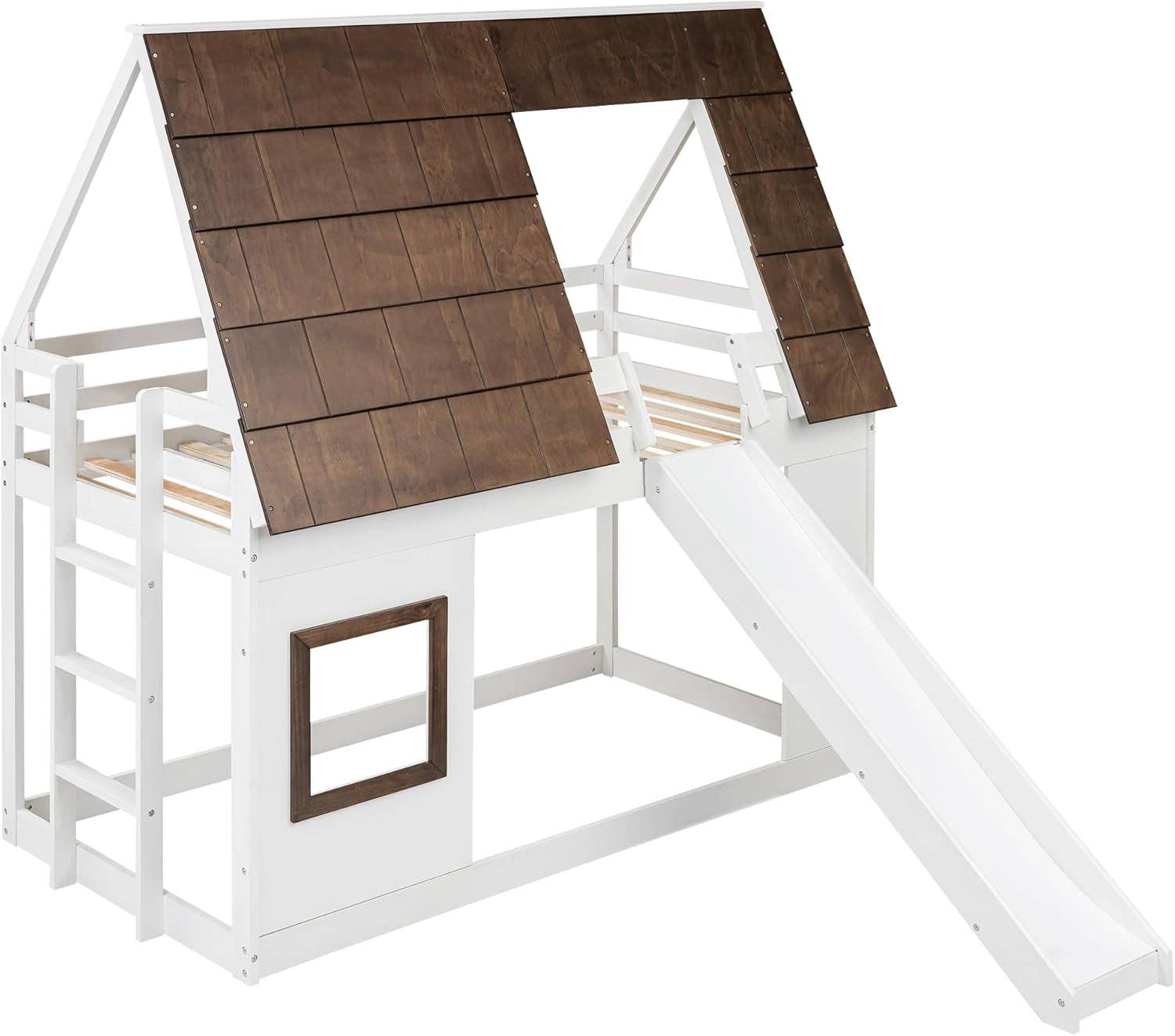 White Brown Twin Over Twin Bunk Bed With Slide For Kids Room Ready for wholesale on Faire4
