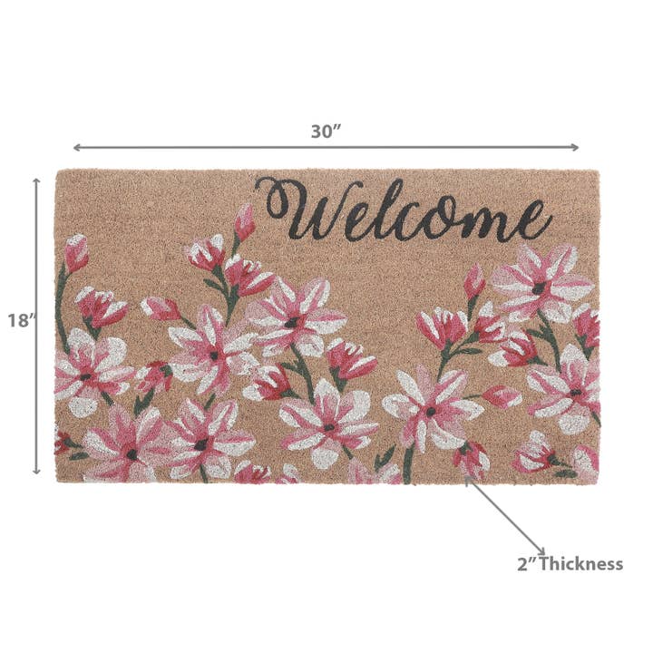 Black Coir Door Mat Magnolia Blossom Welcome for wholesale on Faire