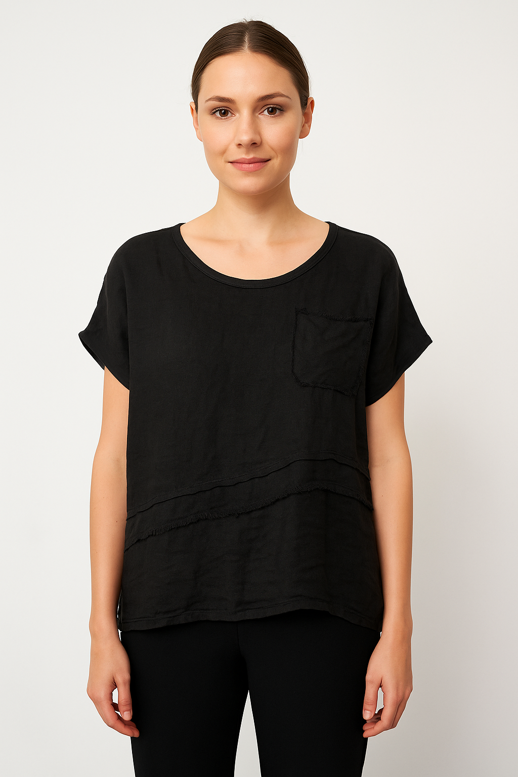 Lucy Sparks – wholesale T-shirt – women's – LINEN FRONT COTTON BACK T-SHIRT WITH CHEST POCKET10