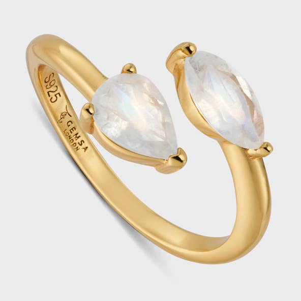 Ayla natuurlijke dubbele maansteen Marquise X Pear verstelbare ring 18K goud verguld voor wholesale door GEMSA LONDON