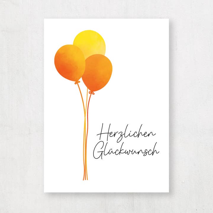 Postkarte Luftballons "Herzlichen Glückwunsch" für den Großhandel von Emma Plitt Design