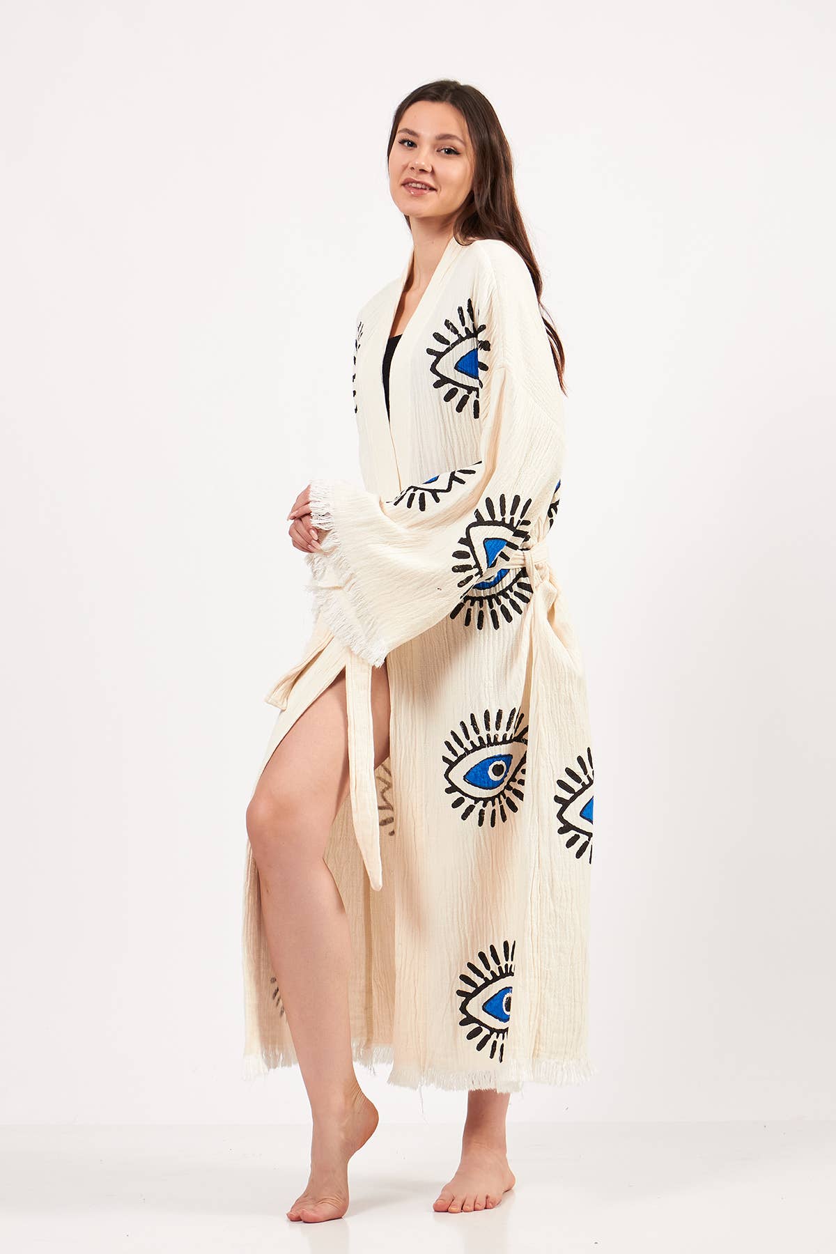Yaz Concepts - Venta al por mayor Kimono - Mujer - Kimono Turco con Estampado de Ojo Turco Blanco y Azul2
