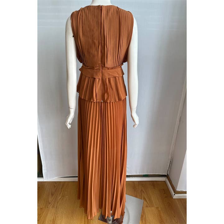 TERRA COTTA TERRACOTTA PLEATED GODDESS GOWN for wholesale on Faire4