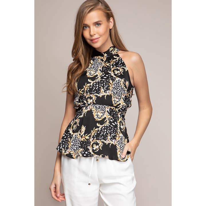 Haltered Neck Ruched Peplum Printed Top for wholesale by Naked Zebra Rack