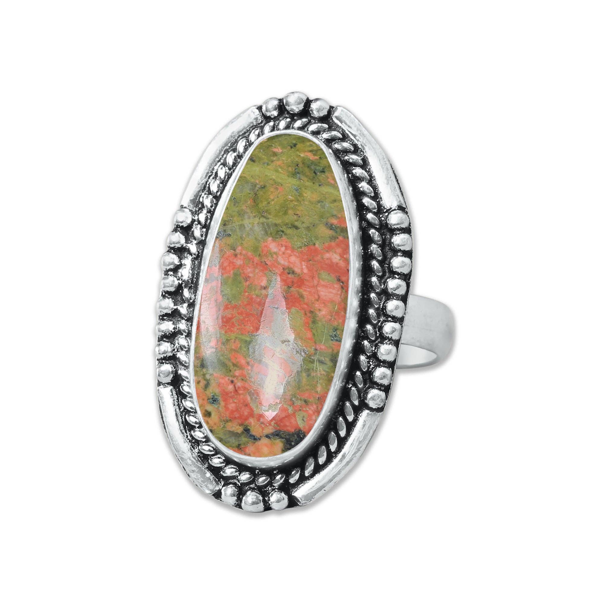Handmade Jewels - Vente Bague de cocktail/de cérémonie - Bagues en unakite – Fait main, plaqué argent, rose-vert terreux (fabriqué sur commande)5