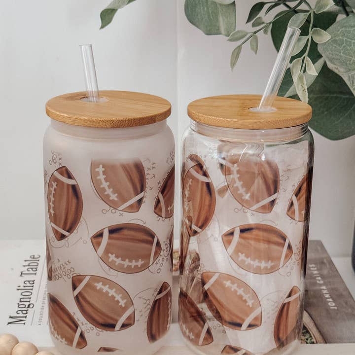 Onic Brands LLC - Wholesale Drinking Glass/Cup - Watercolor Footballs 16oz Glass Cup with Bamboo Lid