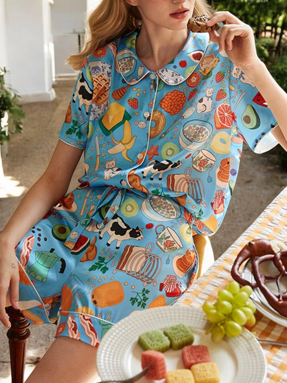 Blue Food Print Satin Pajama Set for wholesale on Faire3