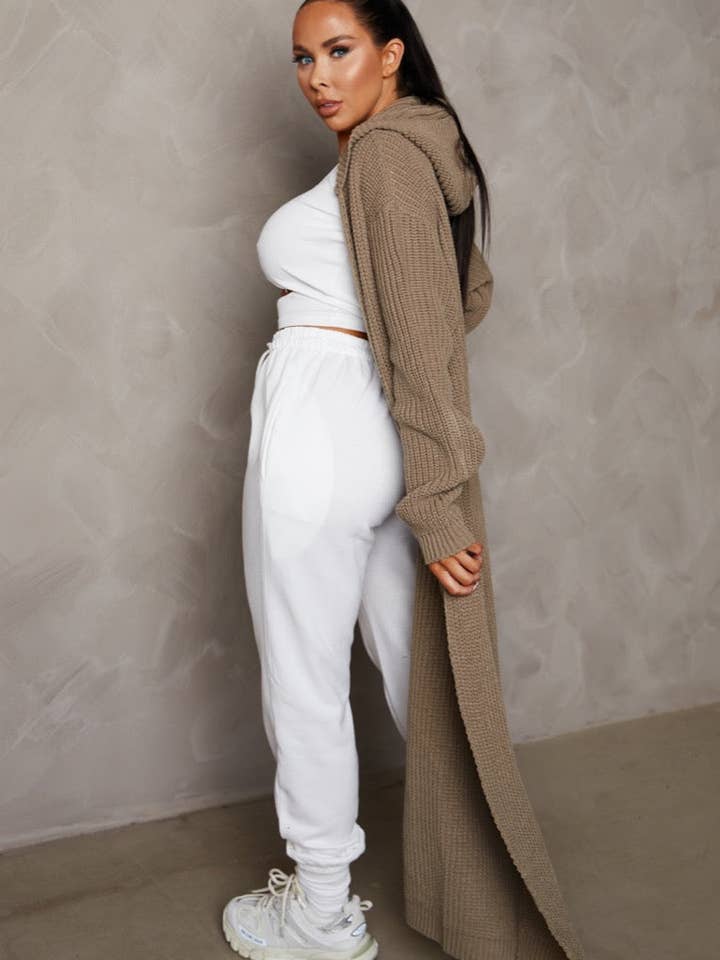 Pale Chocolate Knitted Long Sleeve Longline Hooded Cardigan for wholesale by Femme Luxe