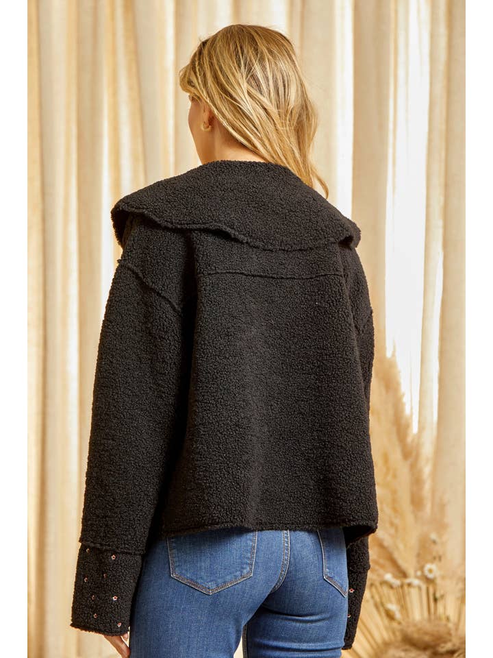 BLACK <SALE> Embroidered Floral Faux Fur Jacket J10152 for wholesale on Faire