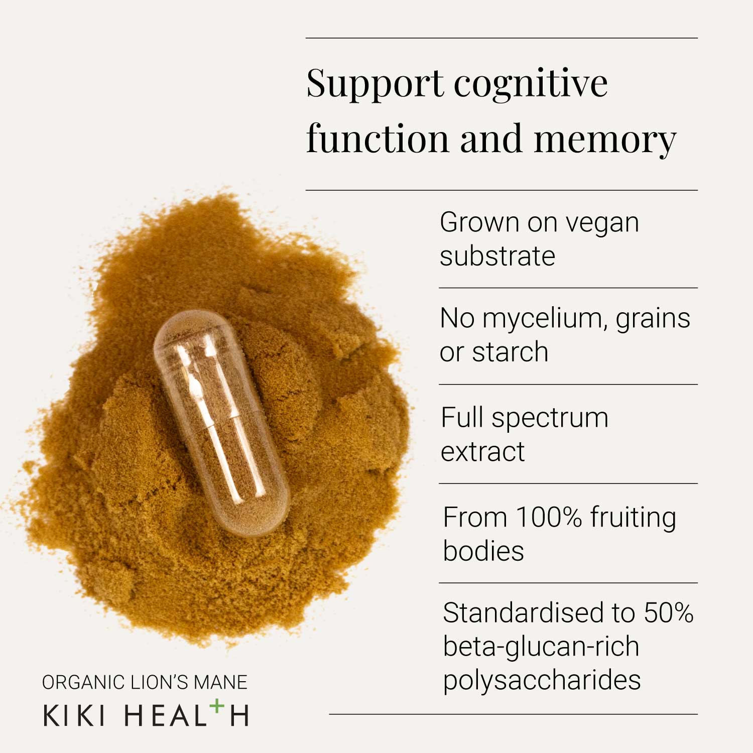 KIKI Heath – wholesale Oral supplement/vitamin – Organic Lion's Mane Extract Mushroom - 60 Vegicaps1