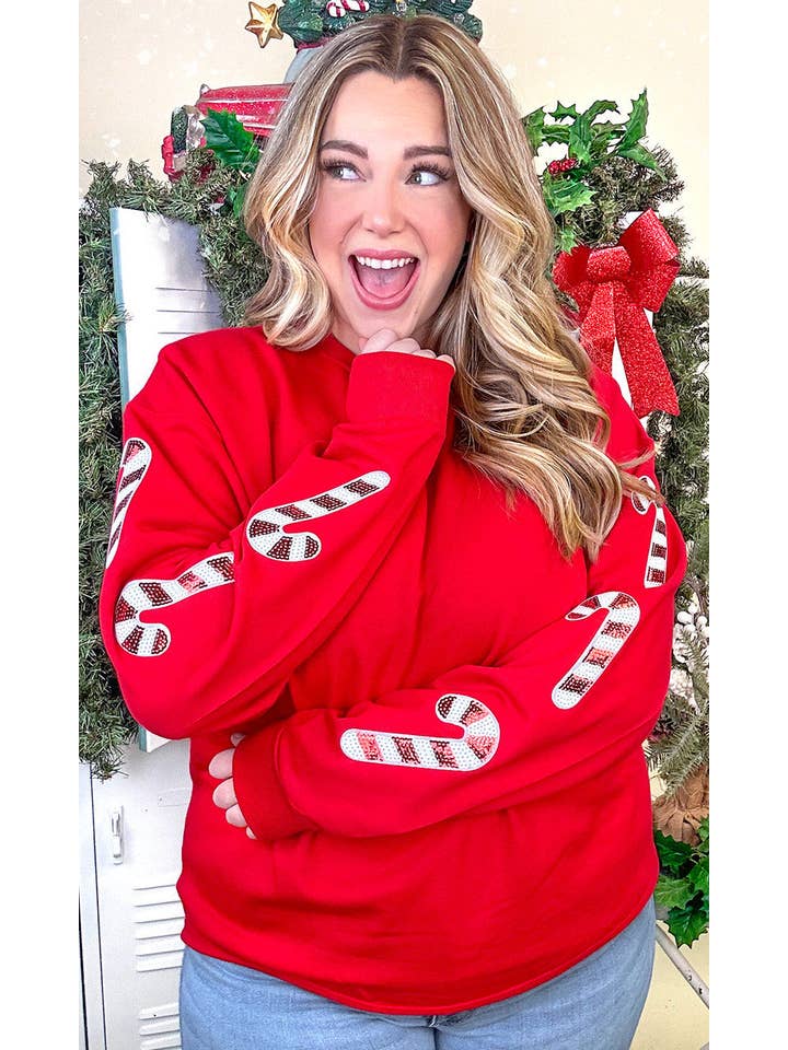 Sugar Stitch - Wholesale Graphic Sweatshirt - Women's - Sparkle Candy Cane Christmas Graphic Sweatshirt1