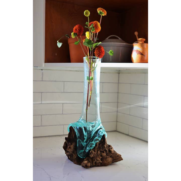 Cohasset Gifts - Wholesale Vase - 40cm Molten Glass & Wood Skinny Vase - Approx 16" Tall