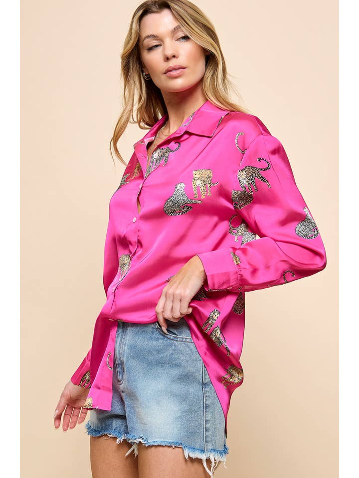 Rose Red Cheetah Print Button Up Shirt for wholesale on Faire