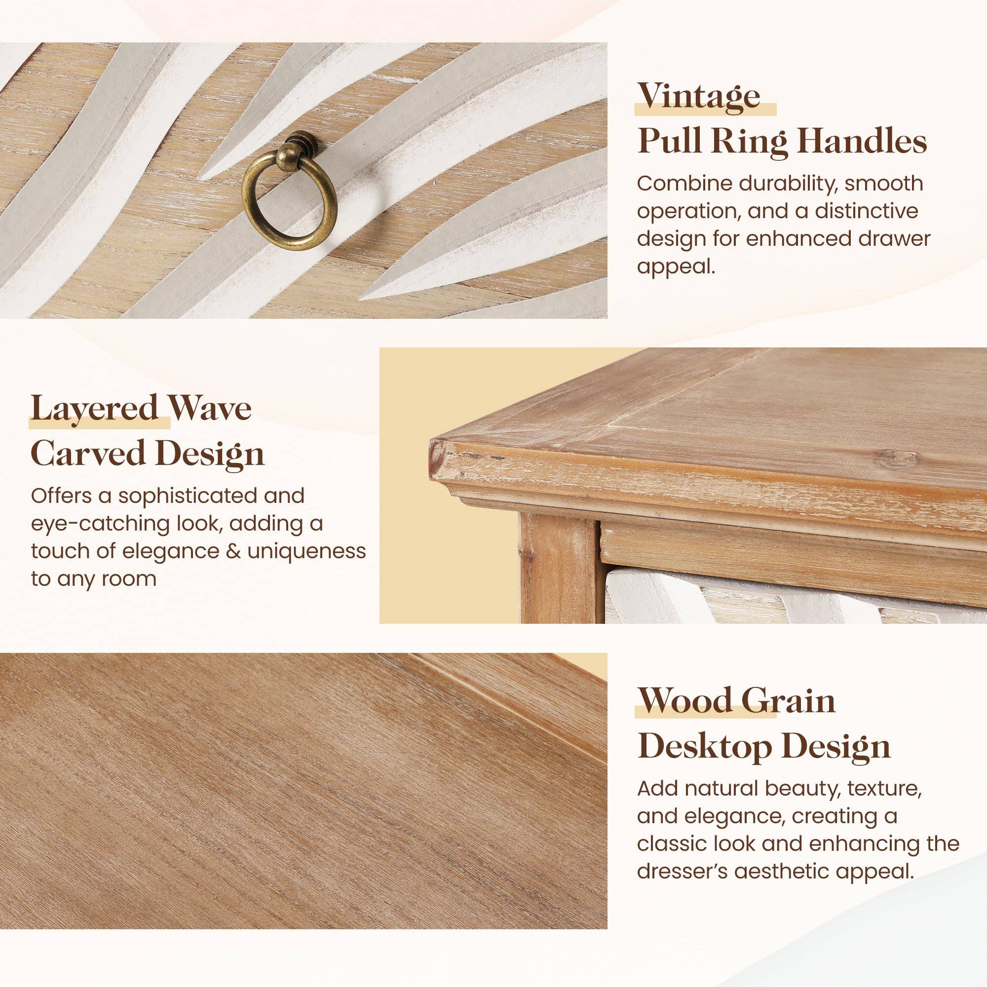 Heynemo - Vente Armoire - Commode vintage à 3 tiroirs, tiroirs sculptés à motifs, naturel6