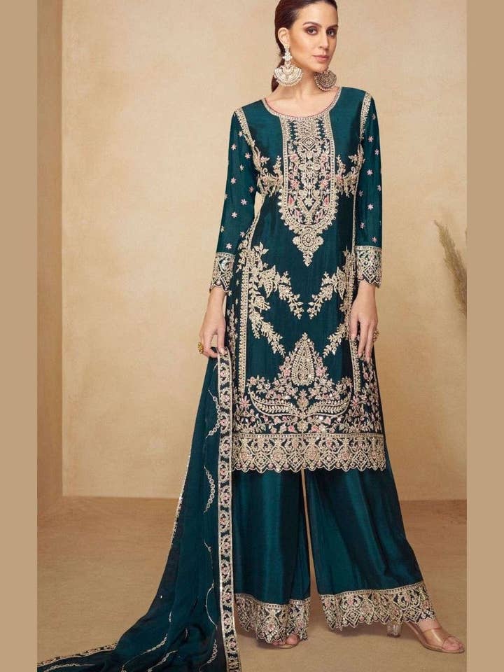 Teal Chinon Silk Plazo Suit For Indian & Pakistani Wedding Festival - Sequins & Thread Embroidery Work, Real Mirror Work for wholesale by HATKE BRIDE