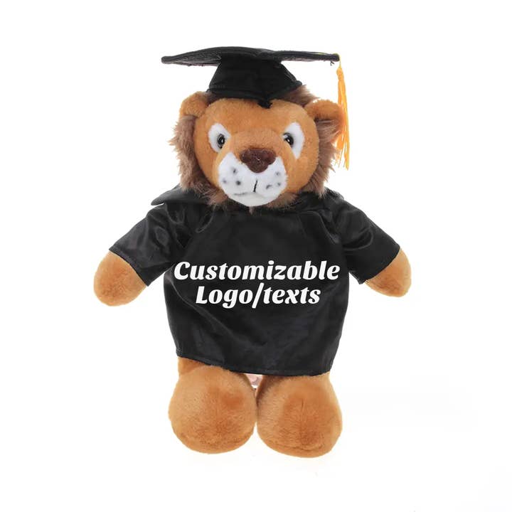 11" Personalized Graduation Lion Plush in Custom Cap & Gown for wholesale by Plushland
