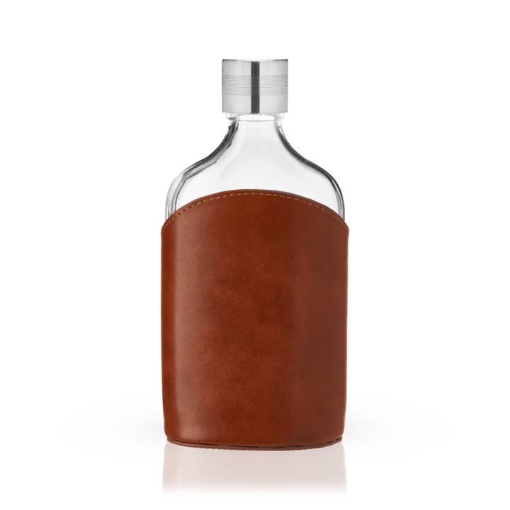 Viski - Wholesale Flask - Admiral™ Vintage Style Parker LeatherWrapped Glass Flask2