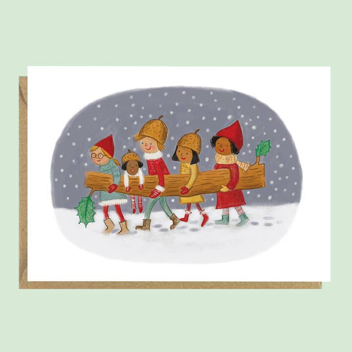 Elves and yule log A6 Christmas card for wholesale by Juliet Thomas Doodles