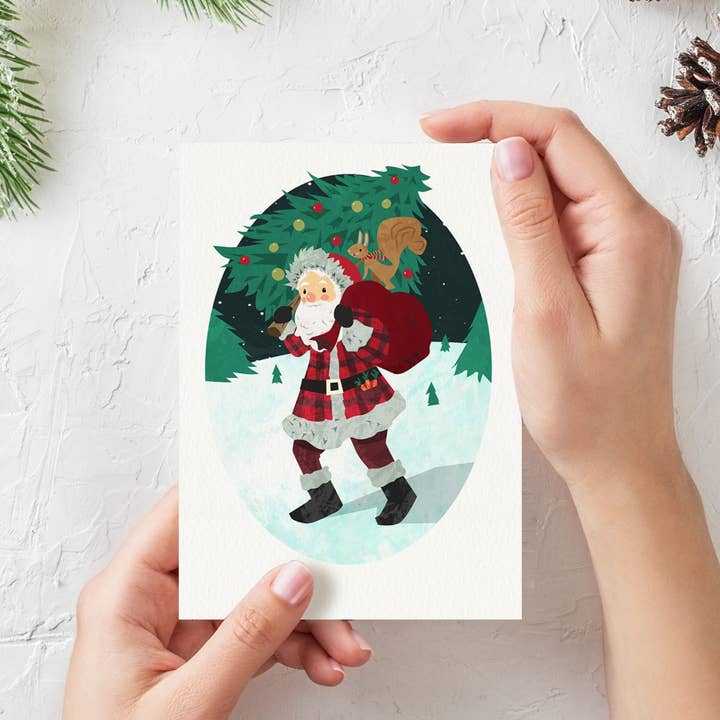Lot de 10 - Père Noël et écureuil - Carte de Noël A2 pour la vente par Megan Stringfellow