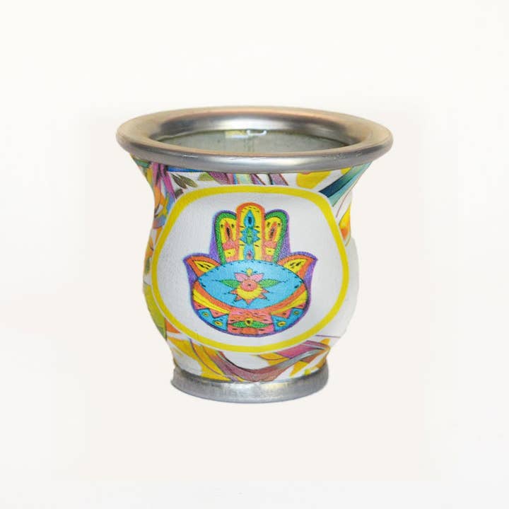 White Circle Colorful Hamsa Vetro Mate Tazza per la vendita all'ingrosso da parte di SoulMate Yerba Co. LLC
