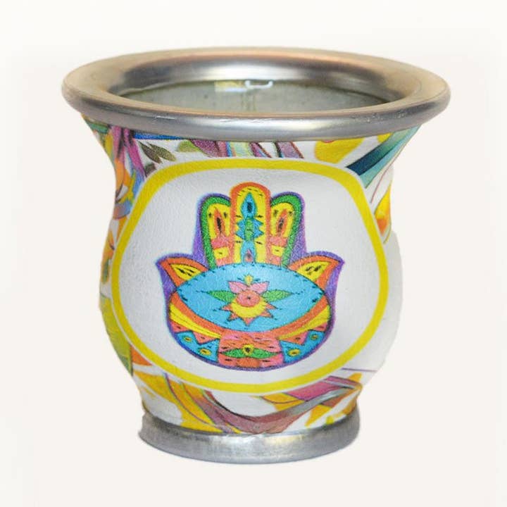 White Circle Colorful Hamsa Vetro Mate Tazza per la vendita all'ingrosso da parte di SoulMate Yerba Co. LLC