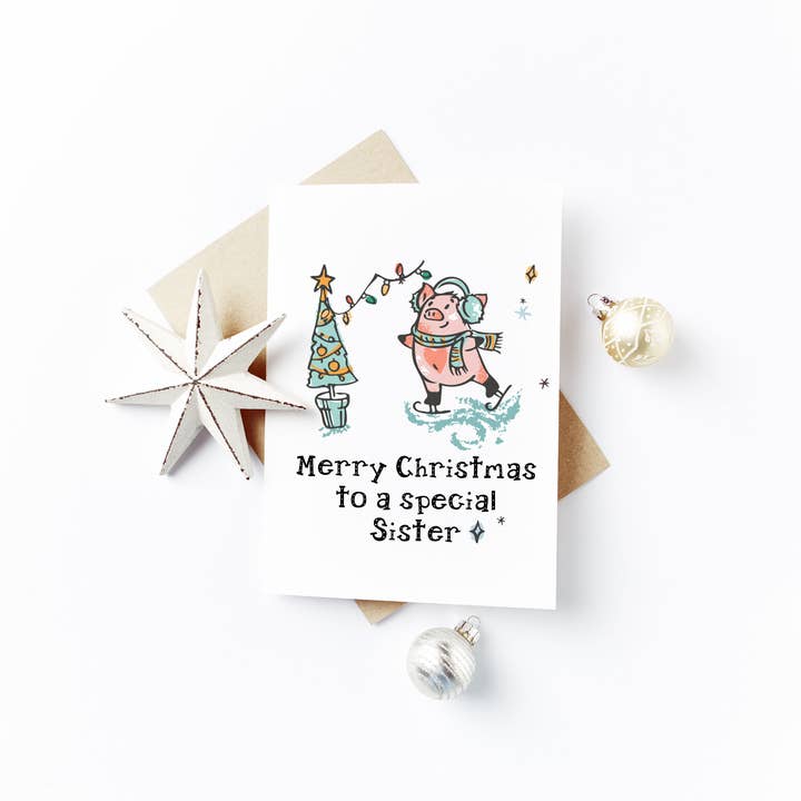 Merry Christmas Sister Card - Skating Pig Design for wholesale by Flash On A String Designs