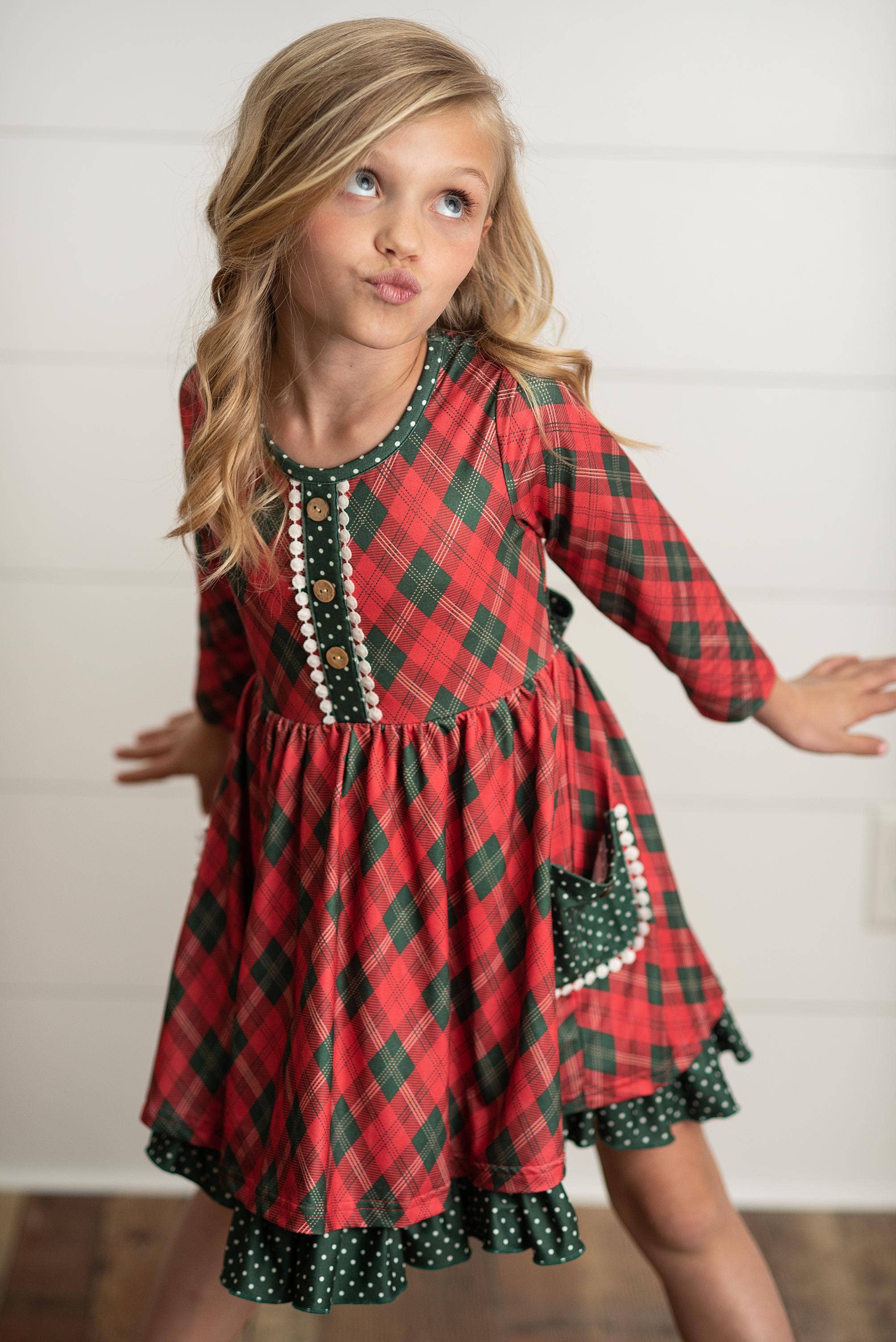 Adorable Sweetness - Wholesale Dress - Kids - Kids Red Green Plaid Ruffle Button Holiday Christmas Dress5