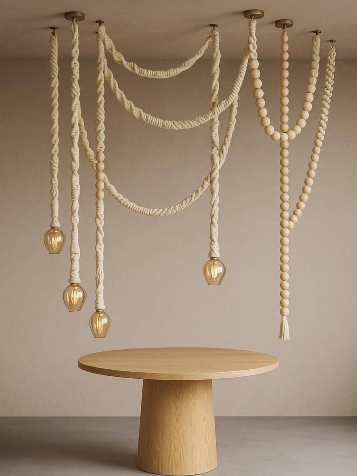 Wood Bead Macrame Pendant Lighting, Boho Rope Hanging Lamp for wholesale by Joy's Arts