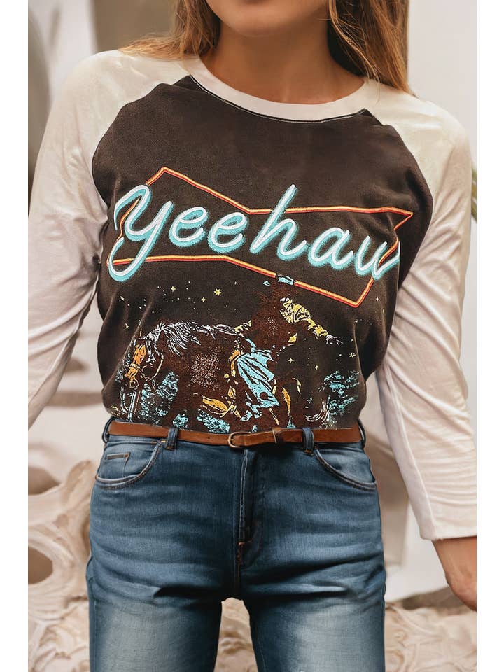 Brown LDC Western Yeehaw Graphic Vintage Raglan Long Sleeve Top for wholesale on Faire