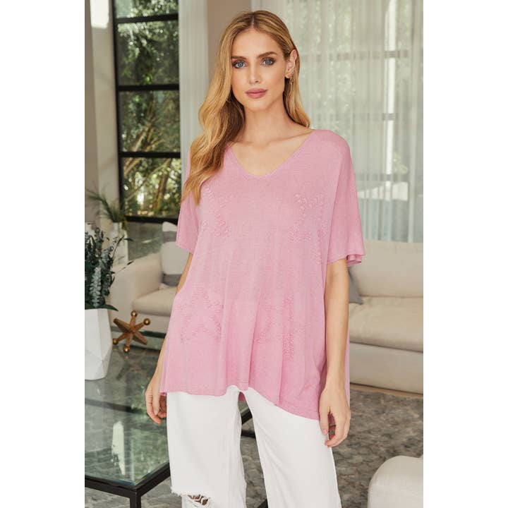 STJÄRNPRÄGLAD KORTÄRMAD STICKAD T-SHIRT (L74-ROSA) för wholesale av VENTI6