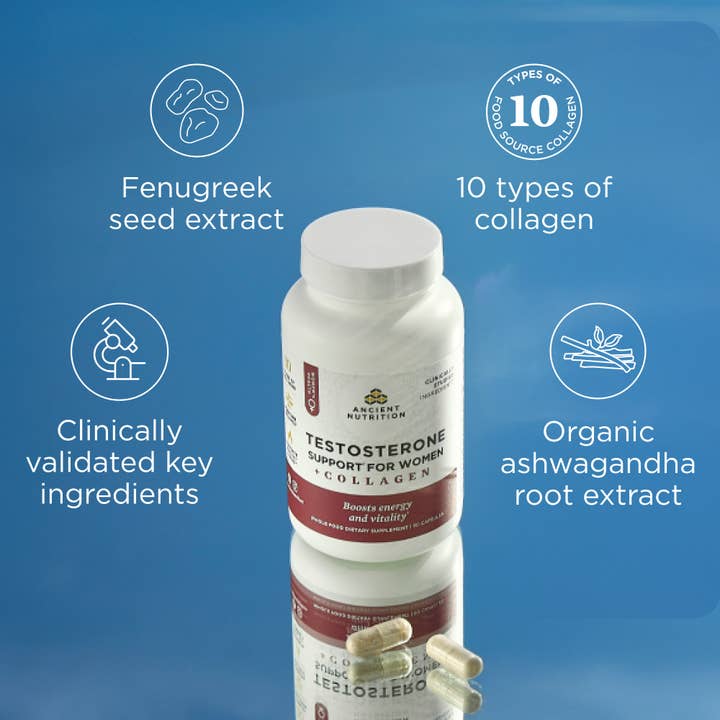 Ancient Nutrition - Wholesale Oral Supplement/Vitamin - Testosterone Support for Women + Collagen | Capsules (30 Servings)3