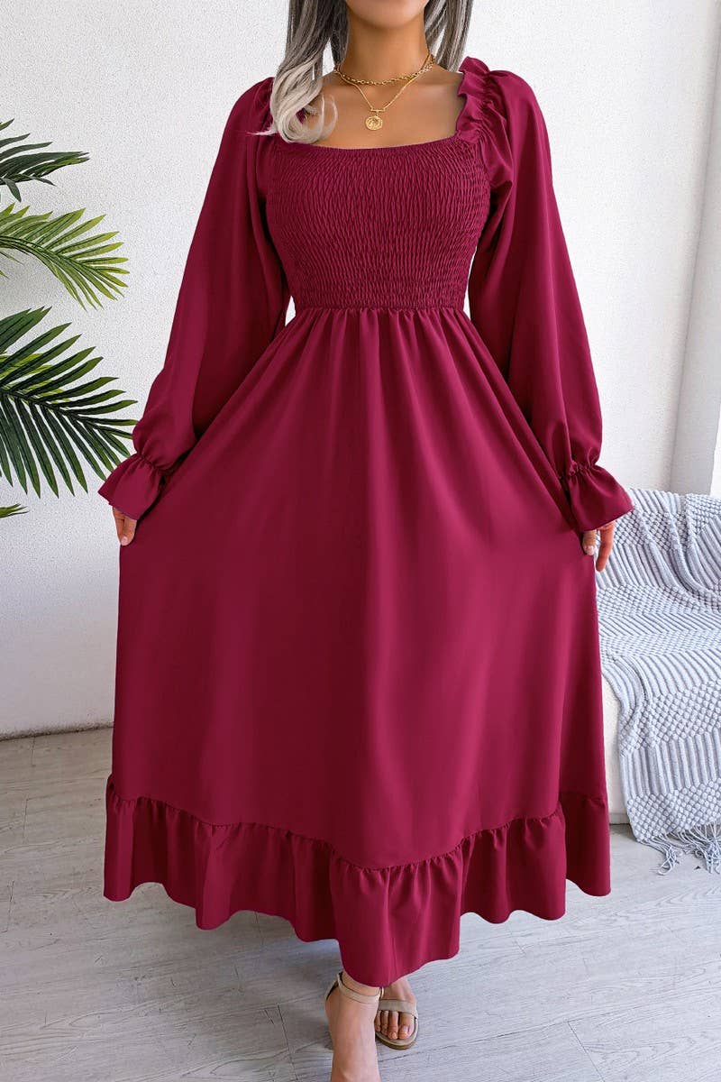 Lily Clothing - Wholesale Dress - Women's - SQUARE NECK LARGE SWING FLOUNCES LONG DRESS_CWDMD11650