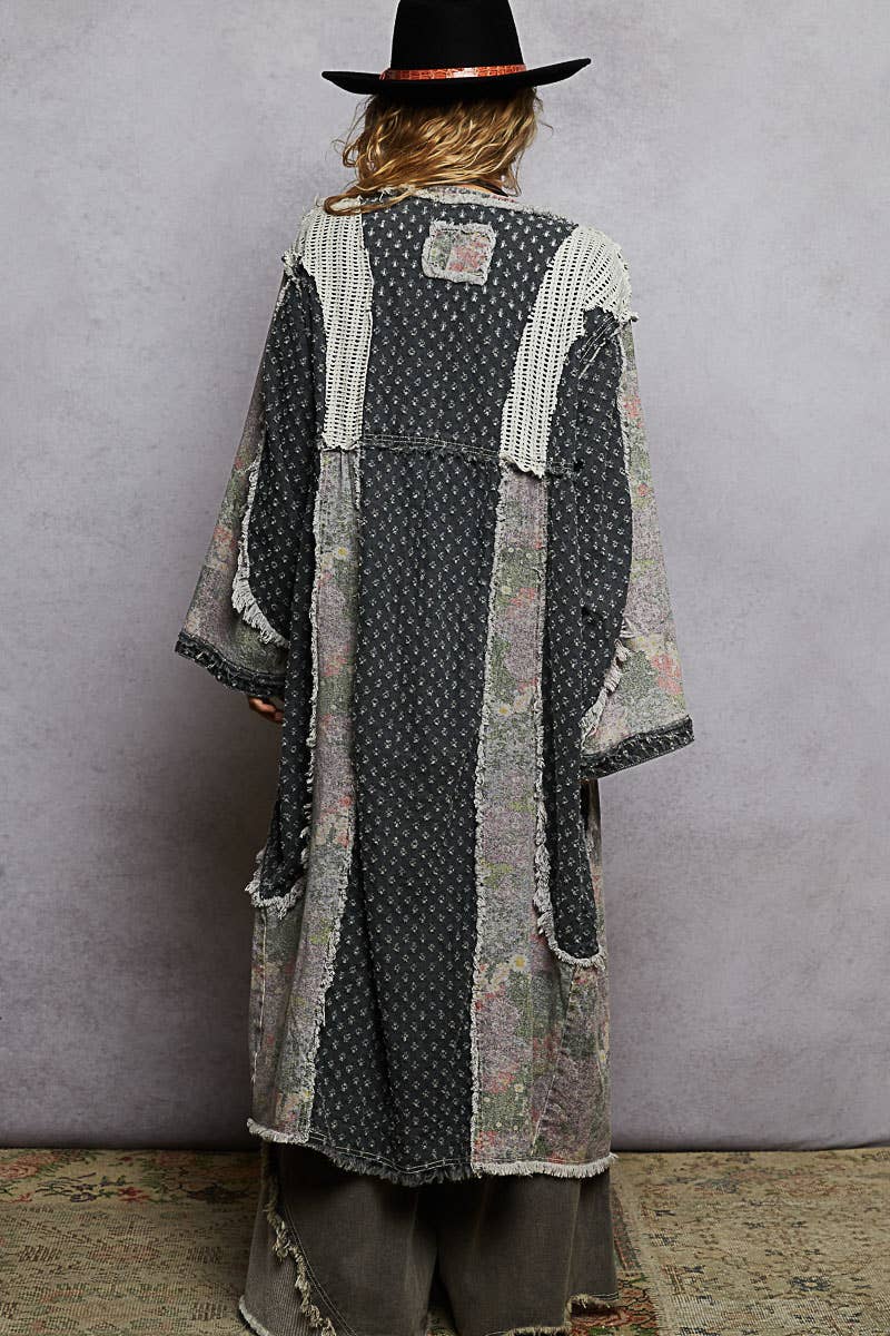 Pol Clothing - Wholesale Cardigan - Women's - Long sleeve crochet contrast denim maxi length open cardigan4