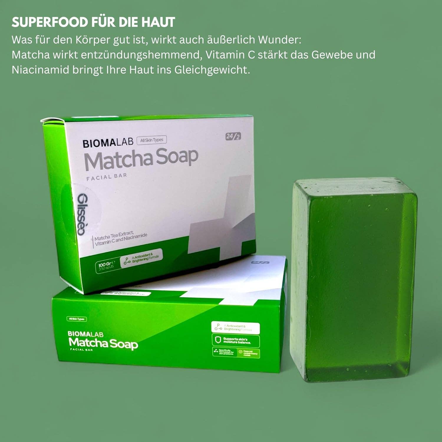 Biomatea - Wholesale Gezichtsreiniger - Matcha Gezichtszeep – met Vitamine C & Niacinamide – Voor een heldere, stralende huid – Vegan verzorging voor alle huidtypen – 100g4