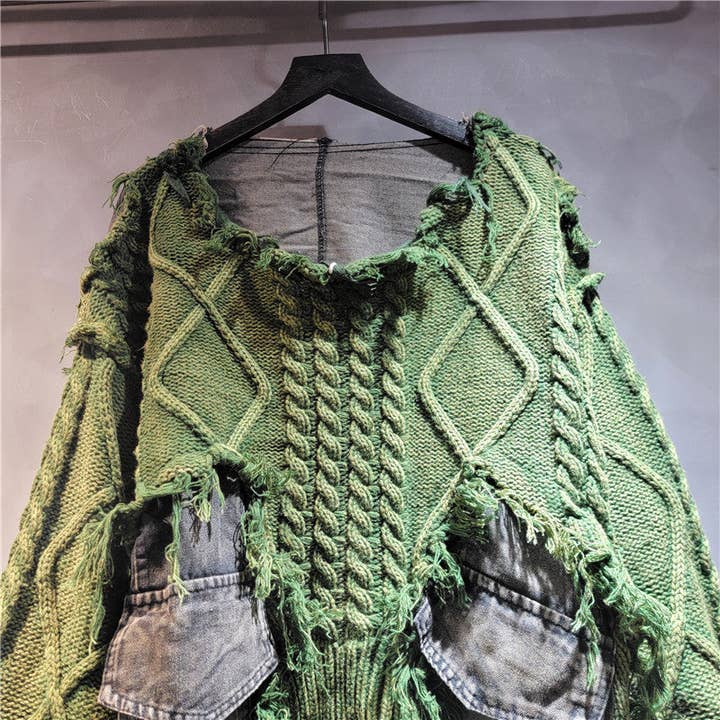 Sanyao Fashion - Wholesale Knit Sweater - Women's - M198 Denim Patchwork Knit Pullover – Distressed Slim Fit4