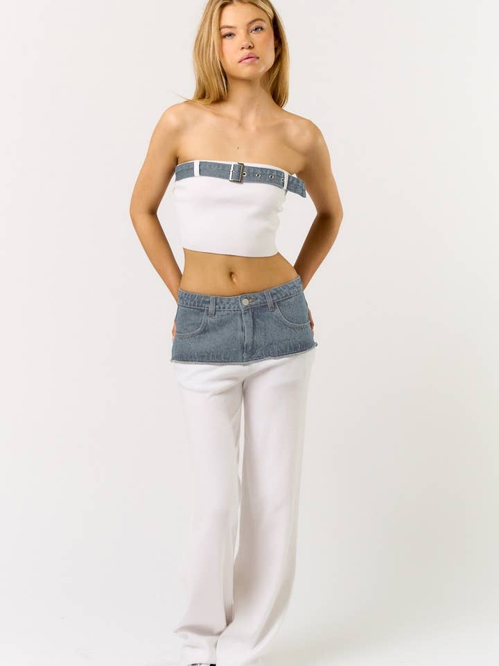 IBS31482 Denim Belt Sweater Tube Top with Matching Pants for wholesale by Blue Blush