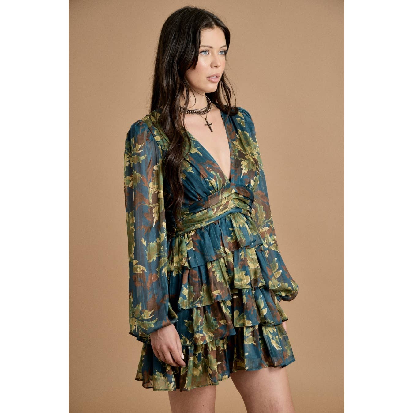 GREEN COMBO Deep V Neck Ruffled Mini Dress for wholesale on Faire1