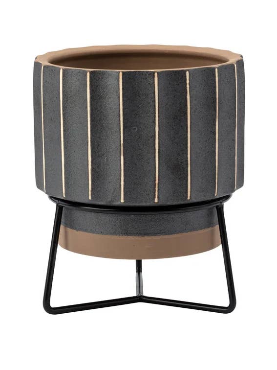Brown Ribbed Planter in Metal Stand Modern Item #SH 22493 for wholesale by Napco